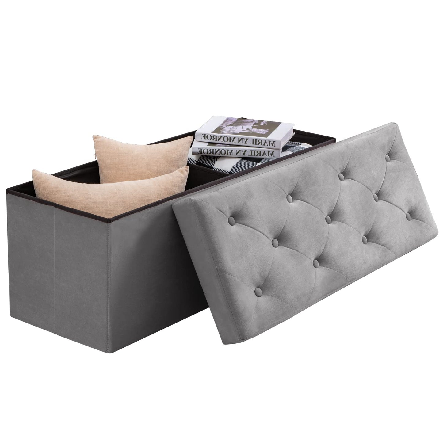BRIAN & DANY Folding Storage Ottoman Bench, Velvet Large Ottoman Storage Box for Living Room and Bedroom 110 x 40 x 40 cm - Gray