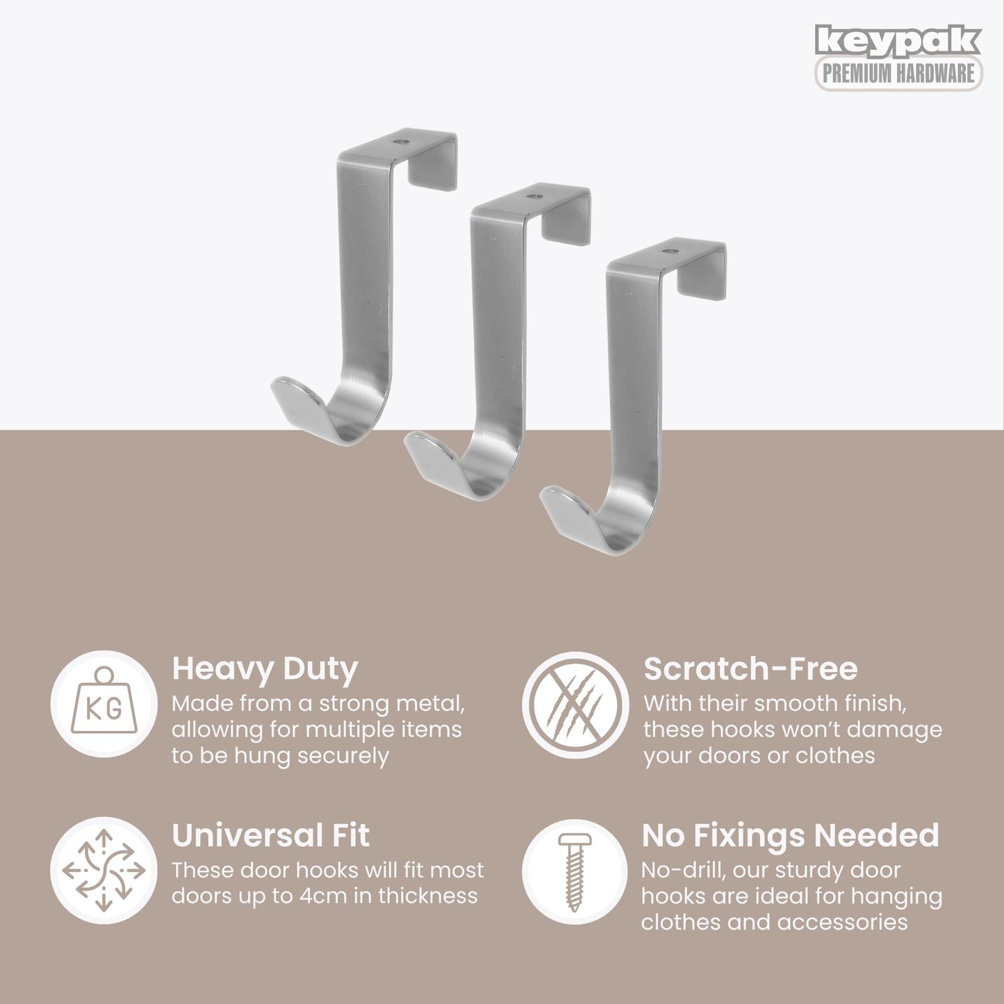 Keypak Over Door Hanger, Pack 3 Metal Hooks, Fits Doors up to 4cm