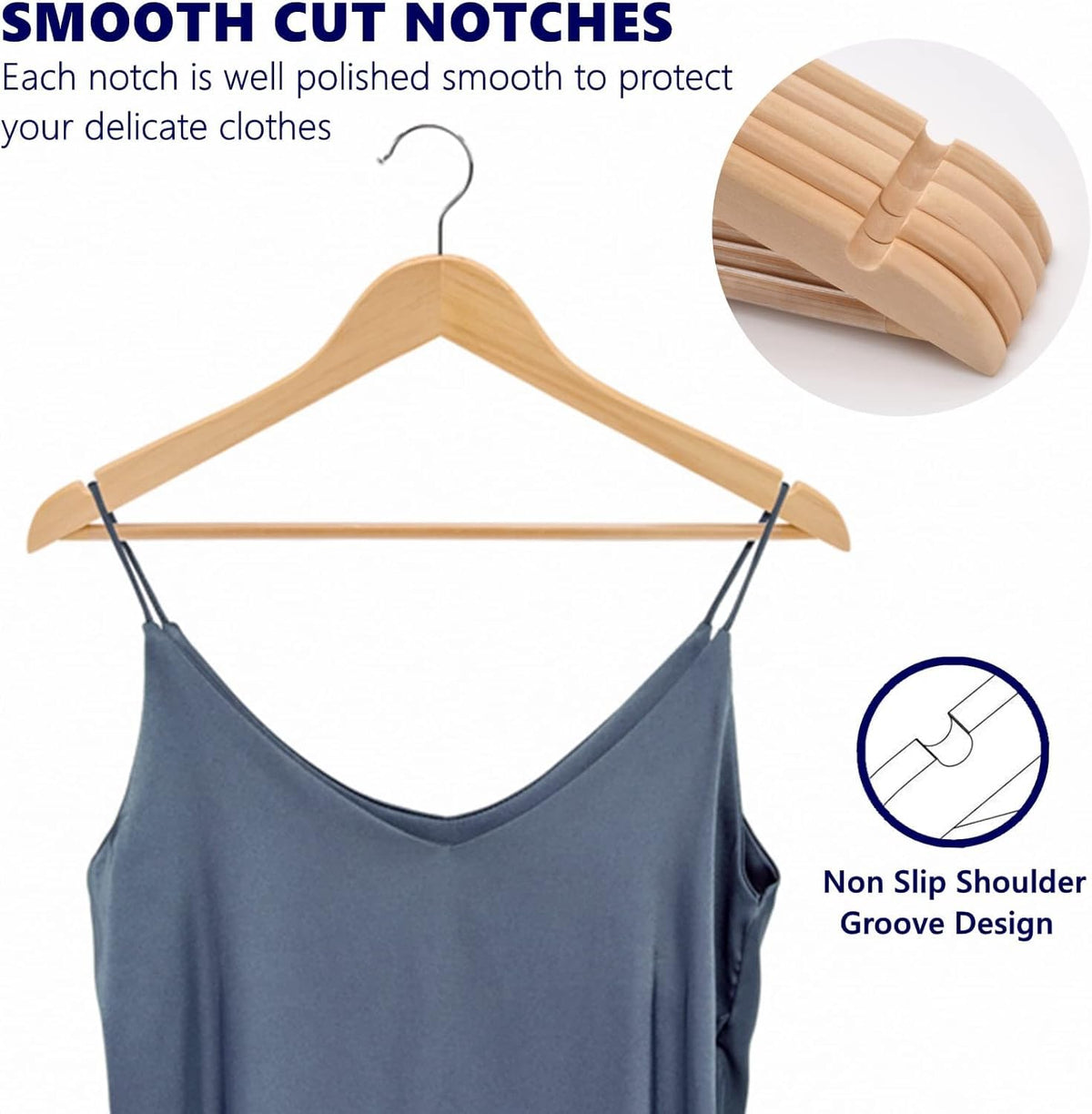 Amber Home 44.5cm Natural Wooden Coat Hanger 30pcs, Space Saving Wood Clothes Hanger with Non Slip Pants Bar and Shoulder Notches, Suit Hangers Racks
