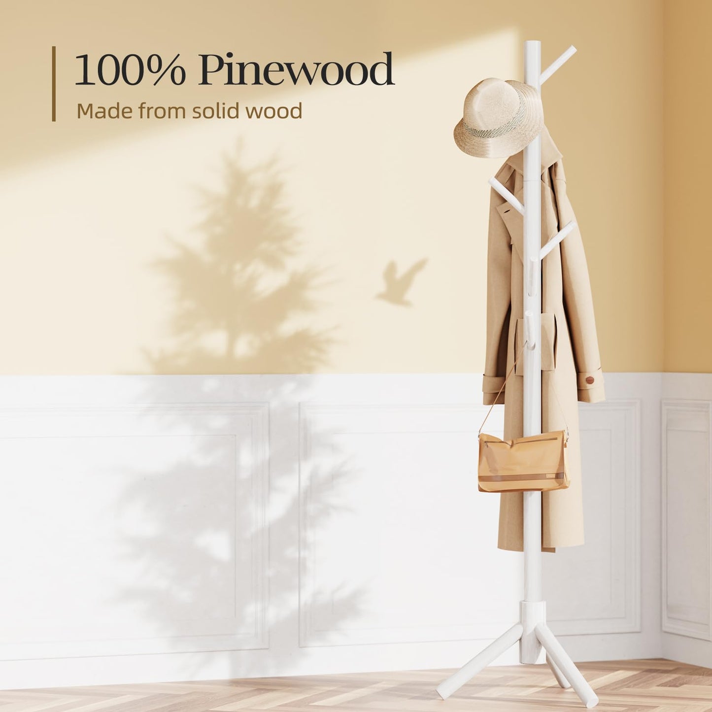 Pipishell Coat Rack, Coat Rack Freestanding with 3 Adjustable Sizes Coat Tree and 8 Hooks, Sturdy Wooden Coat Rack Stand for Cloathes, Hat, Used in