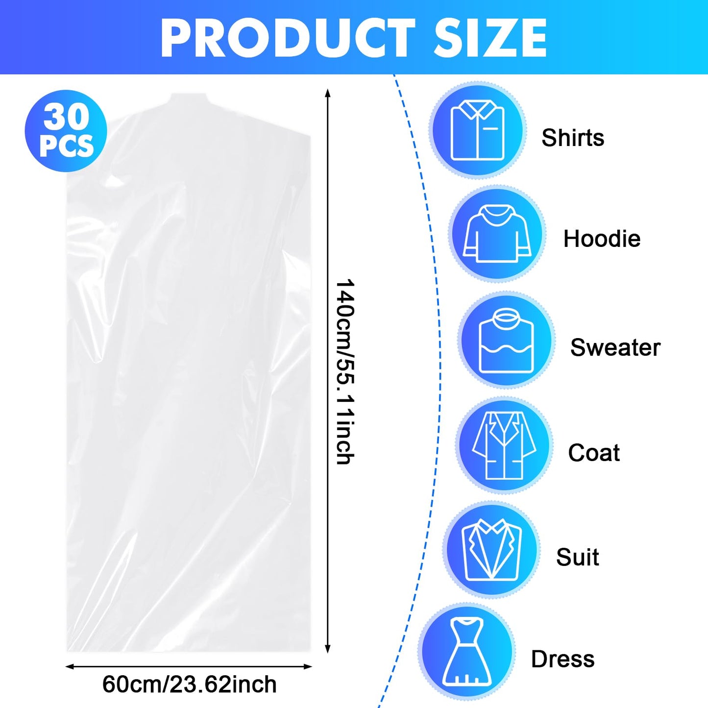 TranRantic 30 PCS Clear Dry Cleaning Bags, 60x140cm Plastic Clothes Covers