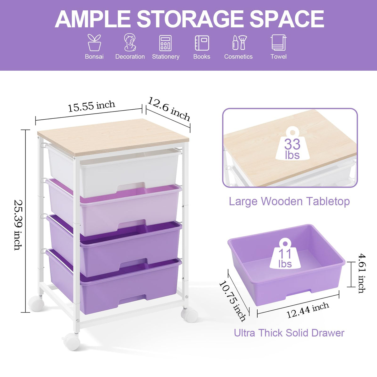 SYKIARIOL Storage Trolley with 4 Drawers, Rolling Storage Cart on Wheels, Multipurpose Mobile Organizer Unit Utility Cart for Living