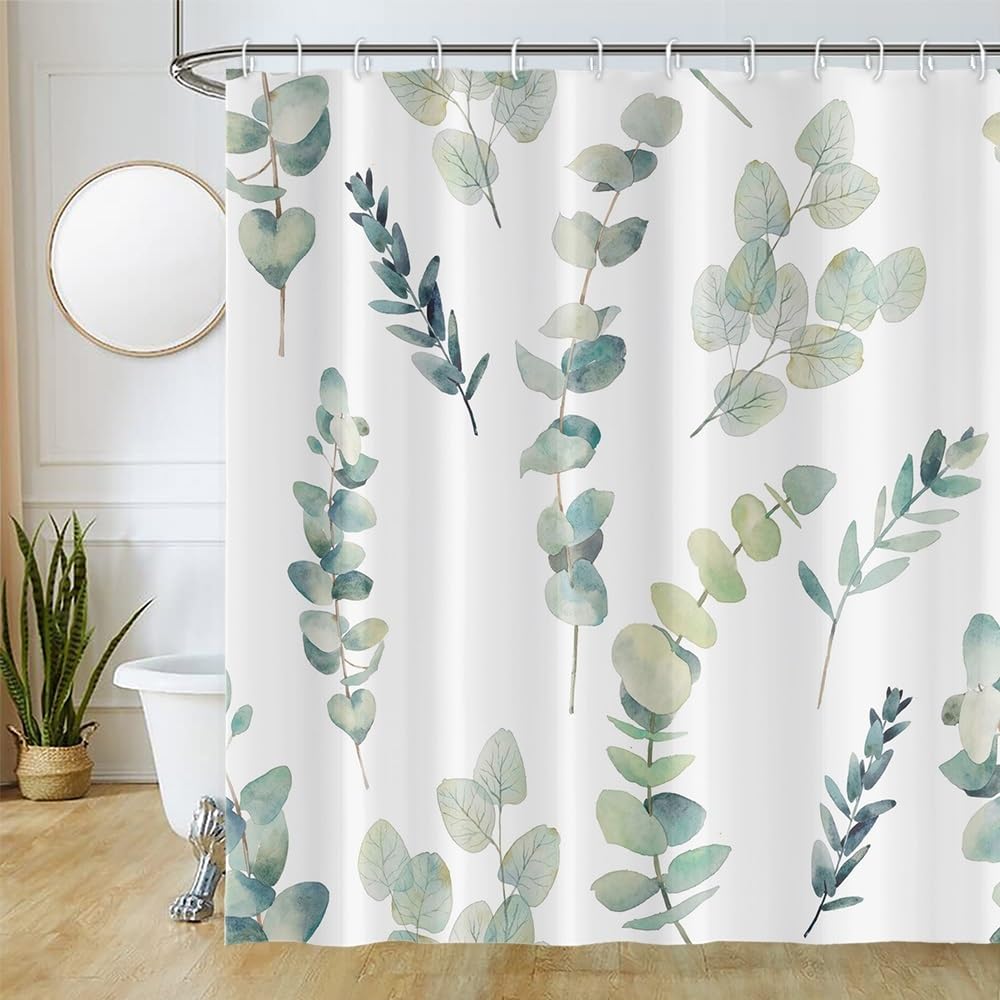 Uiiooazy Eucalyptus Shower Curtain, Blue Gray Leaves Pattern Bath Curtain Mildew and Mould Resistant Waterproof Polyester Fabric Washable Opaque