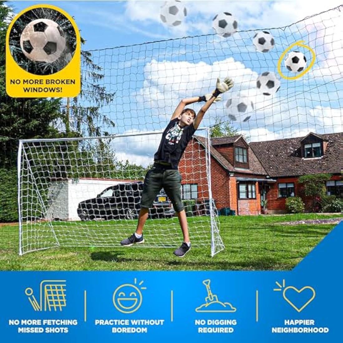Open Goaaal Football Goal & Backstop Net with Rebounder | Backyard Barrier Net to Stop Balls Going Over the Fence