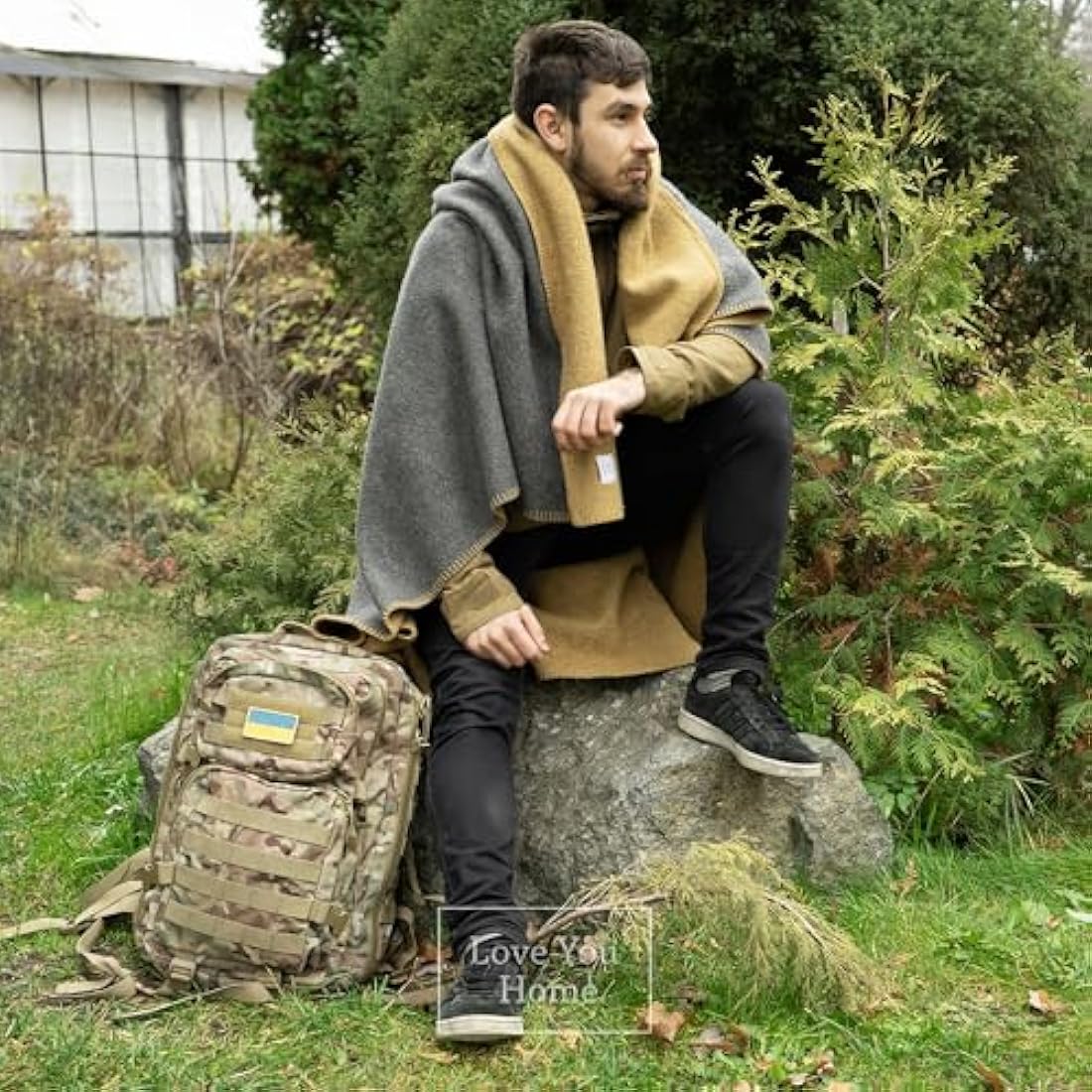 LYHome Travel Blanket - Extra Warm Picnic Throw, Bed Camping Outdoor Wool Blankets, Cozy Soft Throws, Military Army and Garden Outside Use (59x84 in | 150x215 cm | Gray - Mustard Double-sided)