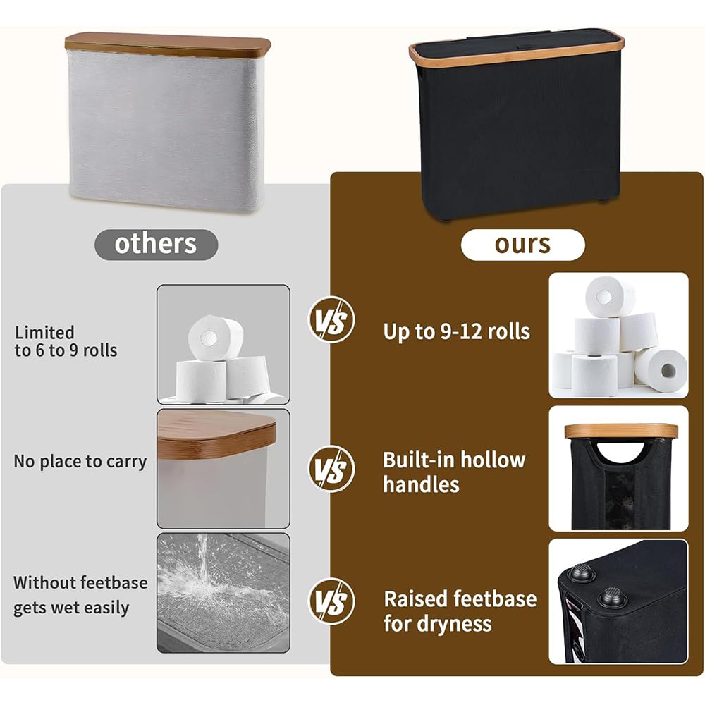 Freestanding Toilet Paper Holder with Bamboo Lid, 30L Toilet Roll Storage Box & Organiser for 12 Rolls, Space-Saving Bathroom Storage Basket (Black)