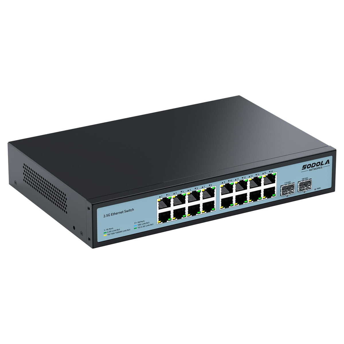 SODOLA 18 Port 2.5Gb Unmanaged Ethernet Switch, 16x 2.5G Base-T Ports, 2x 10G SFP+, 120Gbps Switching Capacity, Plug & Play, Fanless, 1U Rack