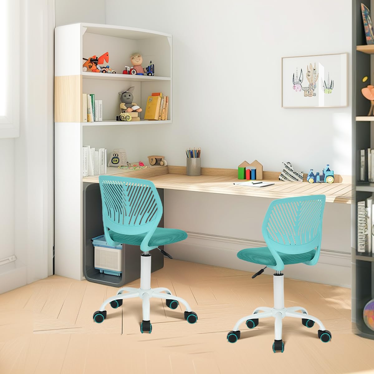Homy Casa Set of 2 Turquoise Desk Chairs Adjustable Swivel Office Chair Fabric Seat Ergonomic Task Chair without Armrest, Turquoise