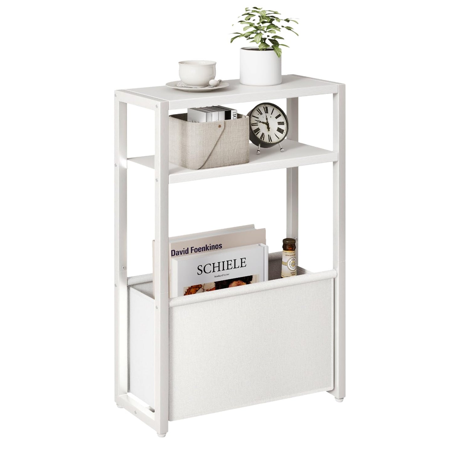 IBUYKE Narrow Side Table,Slim End Table with Fabric Basket,White TMZ009W