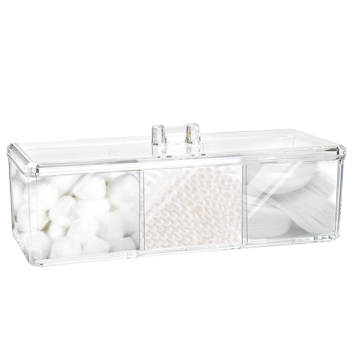Square Qtip Holder Dispenser, 3 Compartments Cotton Ball Holder, Bathroom Canisters for Cotton Swab, Ball, Cotton Pad Organizer, Clear Acrylic