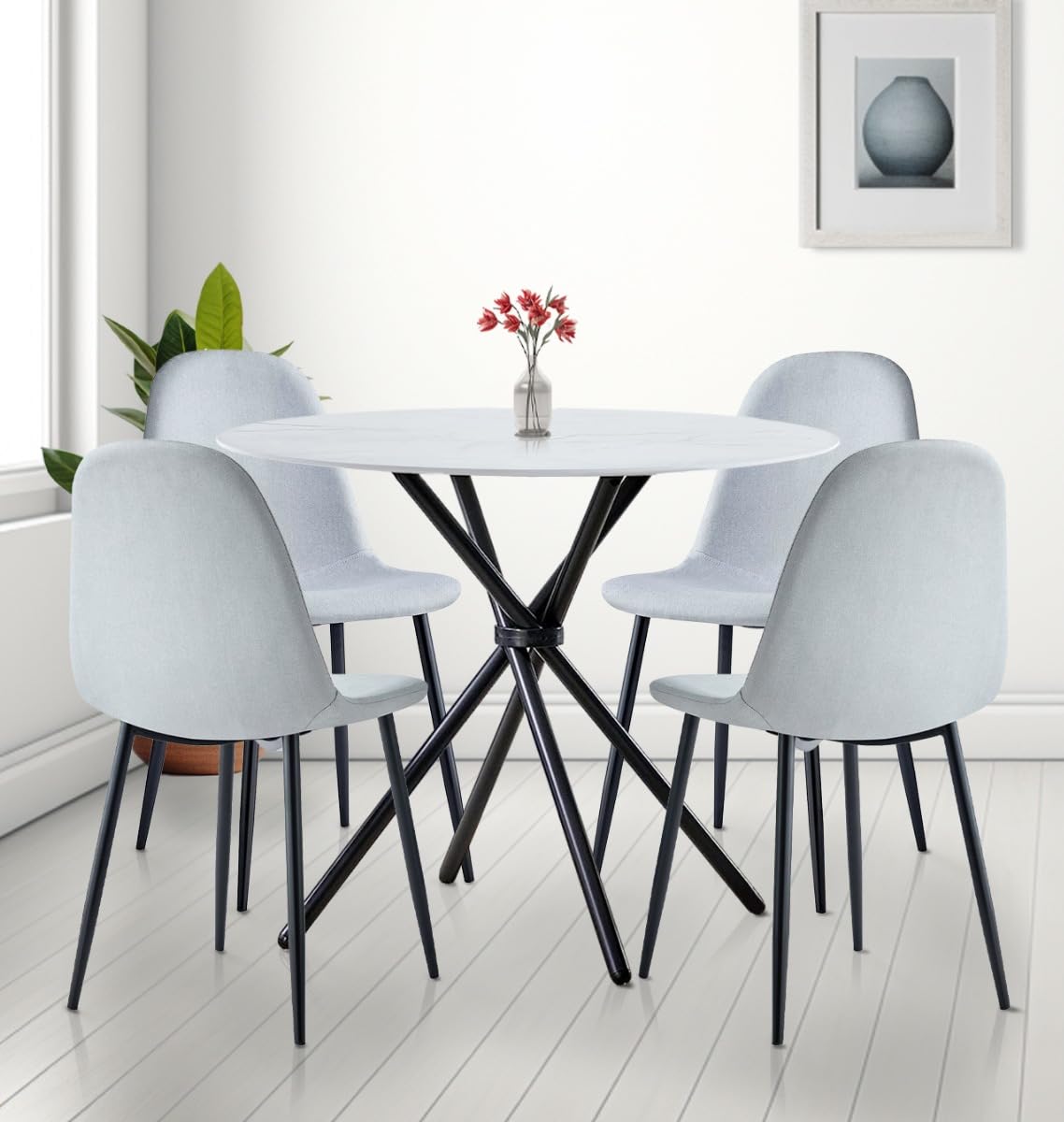 Hallowood Furniture Cullompton Round Dining Table And Chairs Set 4, Marble Effect Top Small Kitchen Table and Chairs in Grey Fabric with Black Metal