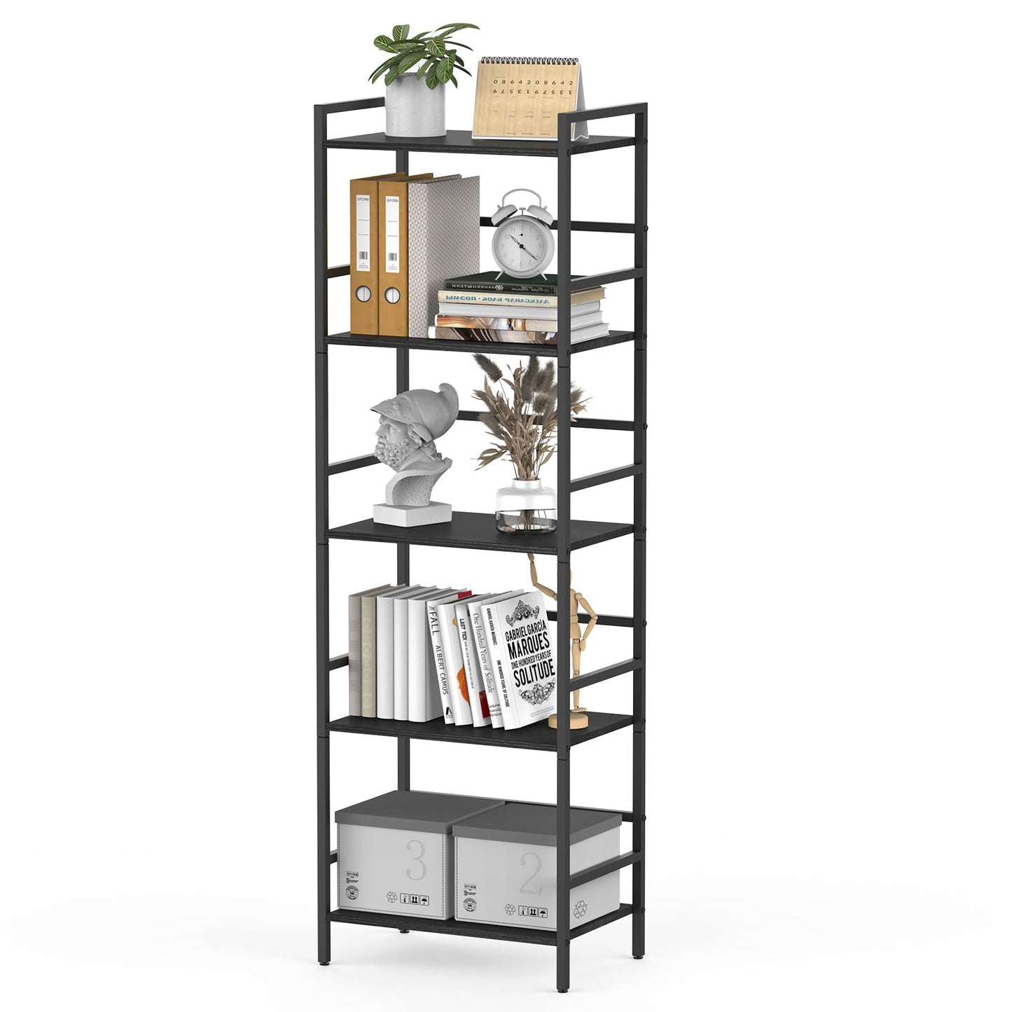 CADUKE 5 Tier Bookcase, Large Black Bookshelf with Open Storage