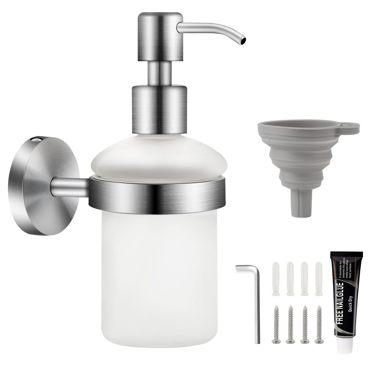 EXLECO Soap Dispenser Wall Mounted Soap Dispenser Set Drilling & Self-Adhesive 304 Stainless Steel 200 ml Chrome-Plated Satin Glass Bottle Hand