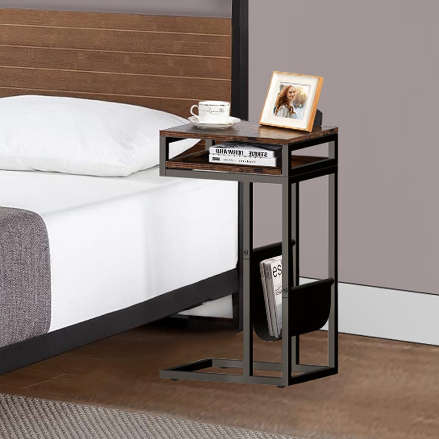 OYE C Shaped Side Table End Table, Industrial Sofa Table with Sliding Keyboard Rack, Laptop Desk for Sofa
