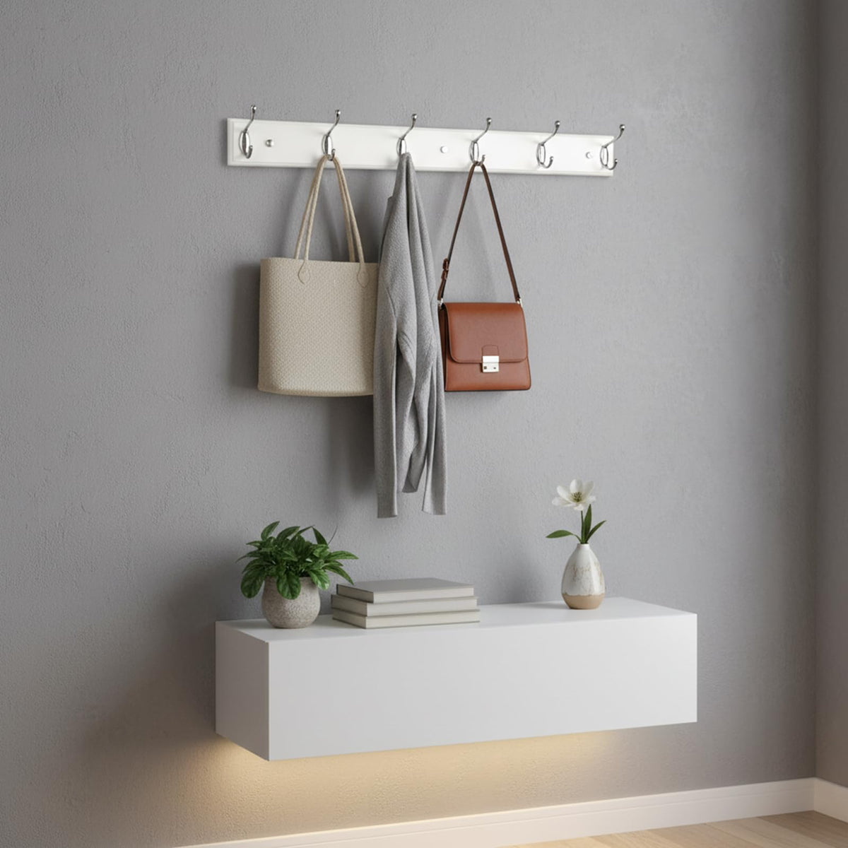 lomejii Wood Wall Mounted Coat Rack with 6 Hooks, 58 cm,White, Strong Coat Hook Rack for Clothes, Hat, Bag