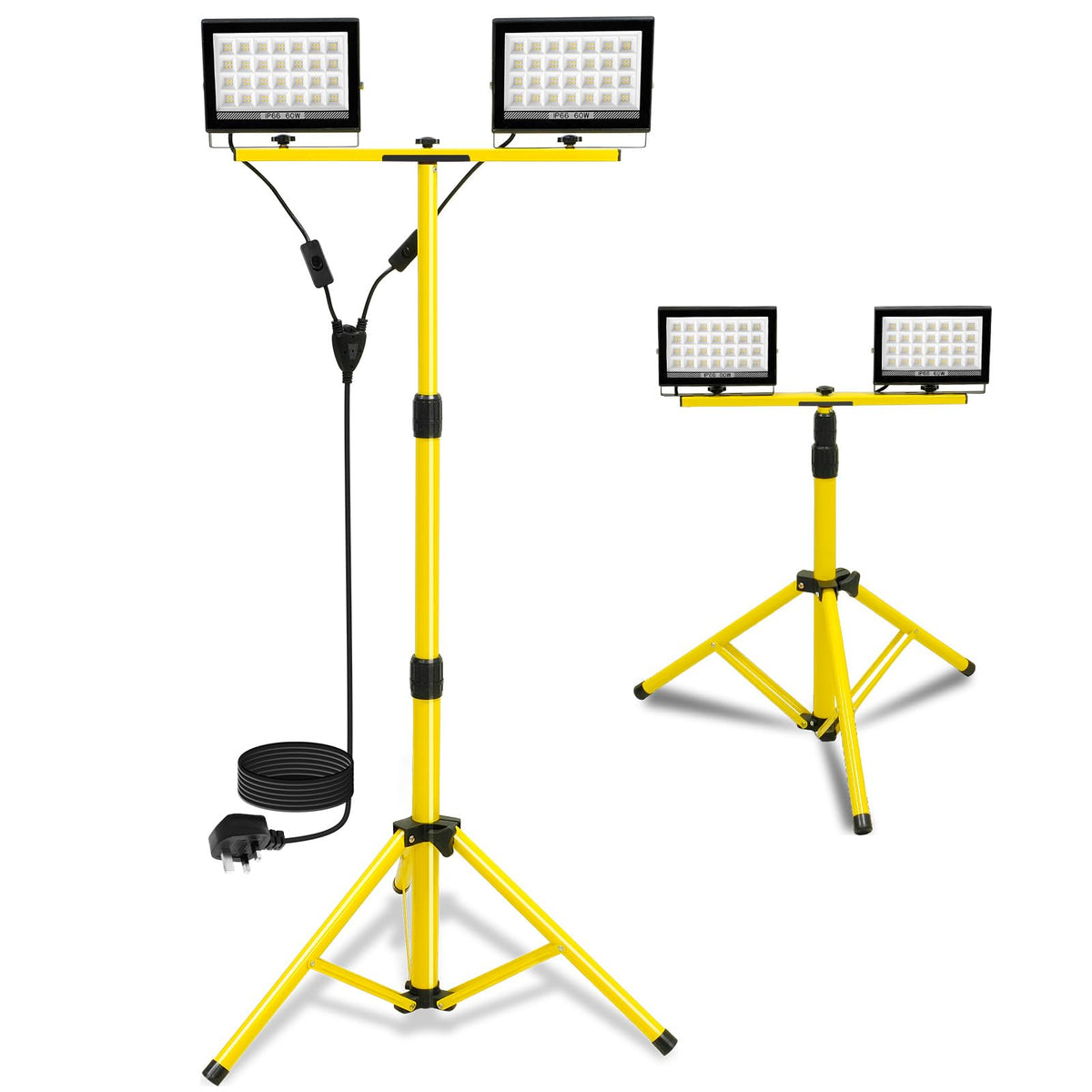 T-SUN 11000Lumen LED Work Light with Stand, 2 Adjustable Head LED Floodlight with 13FT Cord Individual Switch IP66 Waterproof Foldable Tripod Work
