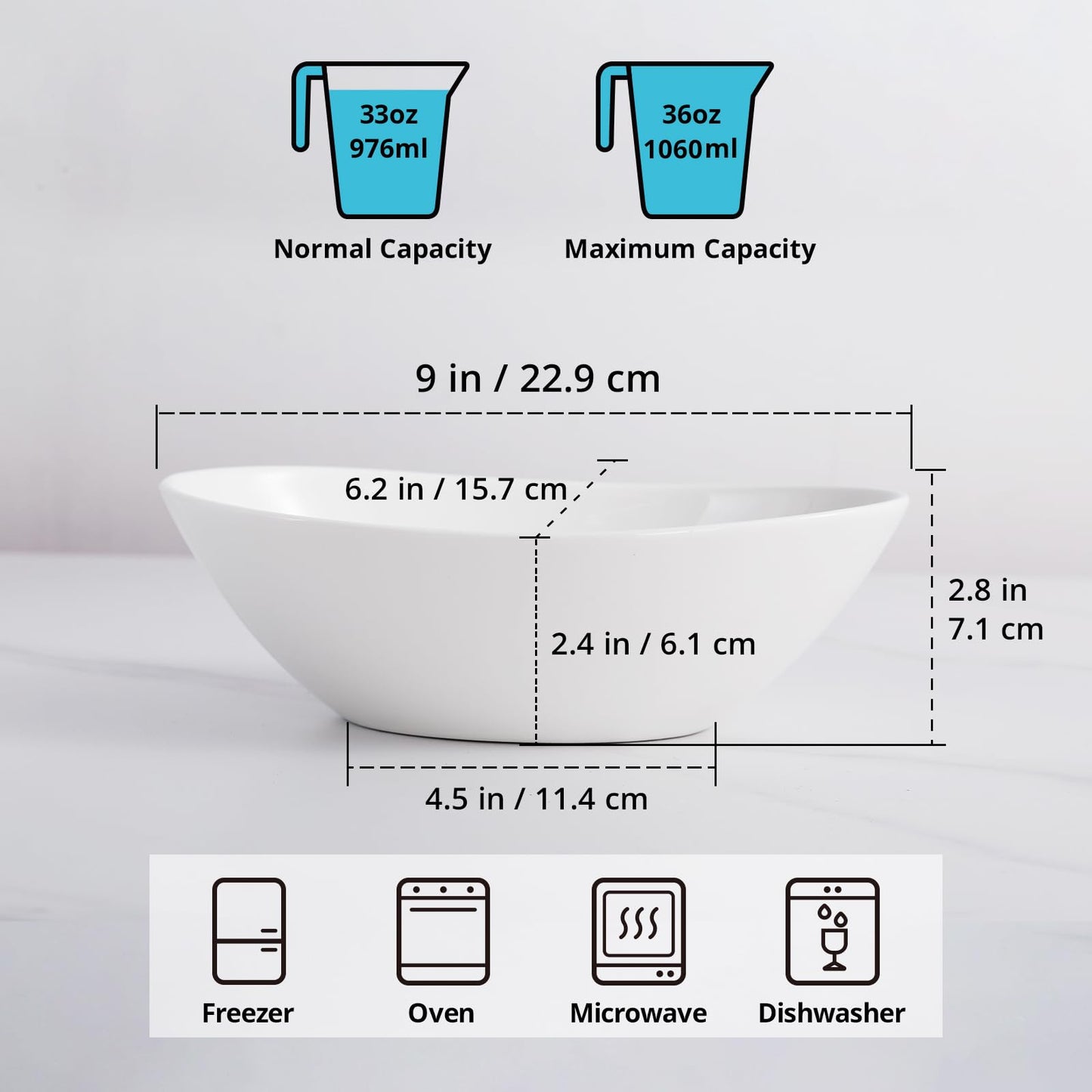 LIFVER Salad Bowl, 36oz White Porcelain Bowls Set of 4 for Pasta, Cereal, Soup, Dessert, Ramen, Microwave & Dishwasher Safe Oval Serving Bowl, 9" x