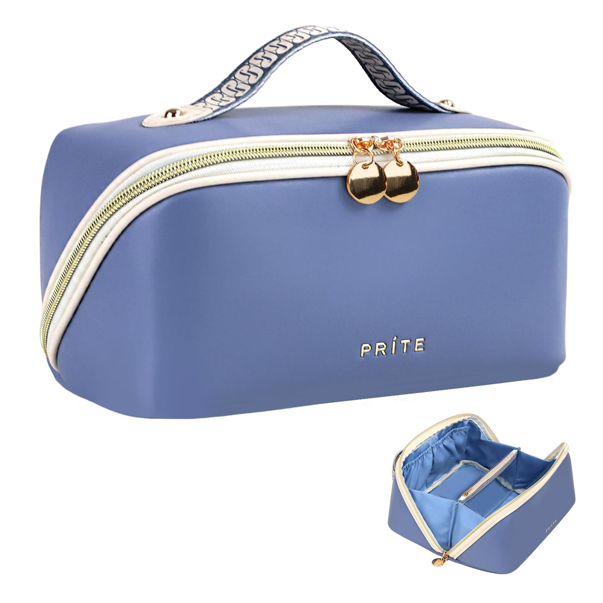 Prite Large Capacity Makeup Bag Portable Travel Cosmetic Bag Waterproof Toiletry Case with Clear Divider and Handle (Blue M)