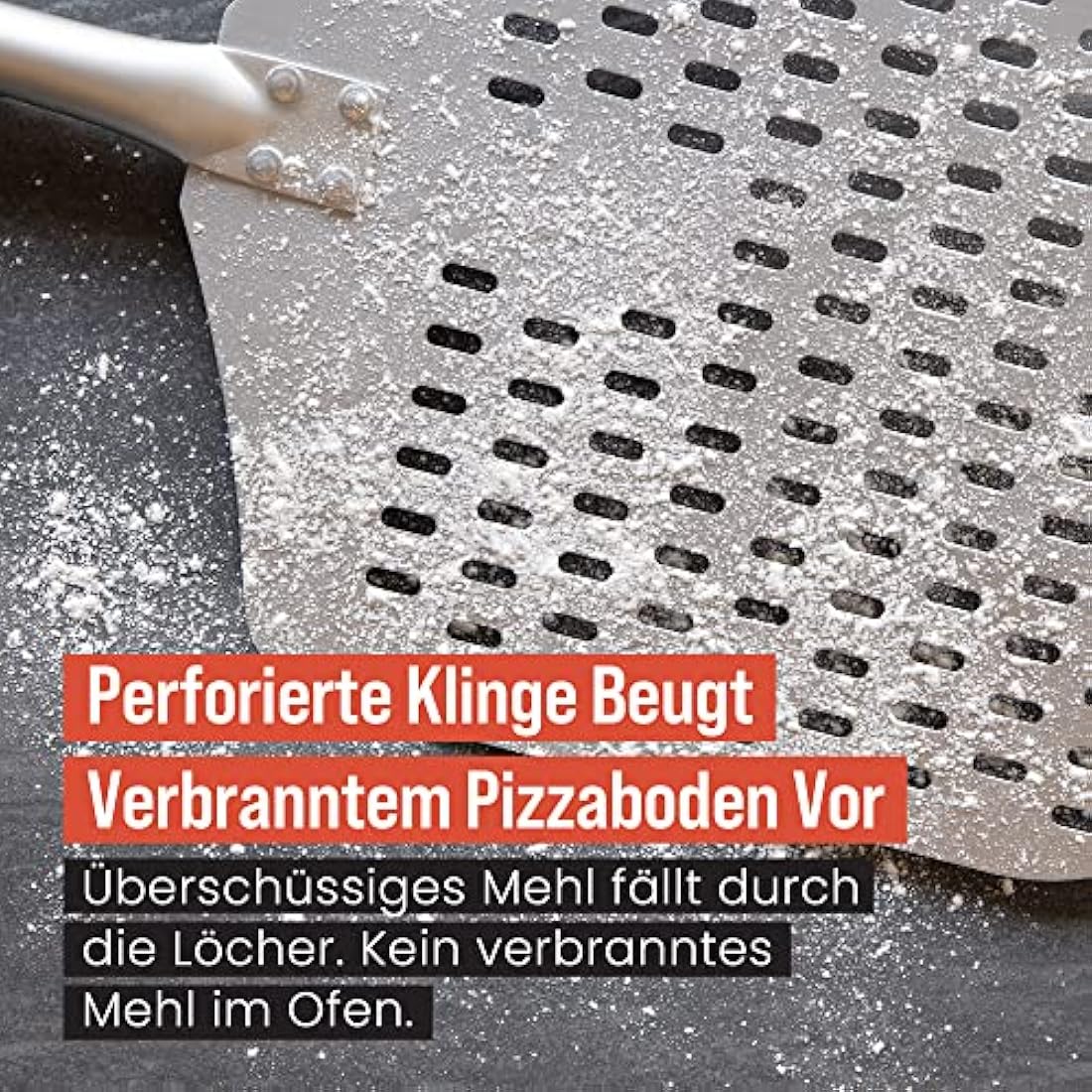 Chef Pomodoro Long Perforated Pizza Peel 12" x 14" (30 x 36 cm), Aluminum Pizza Paddle with Detachable Wood 49" (124 cm) Extendable Handle for Easy Storage Gourmet Luxury Pizza Turning Peel for Baking