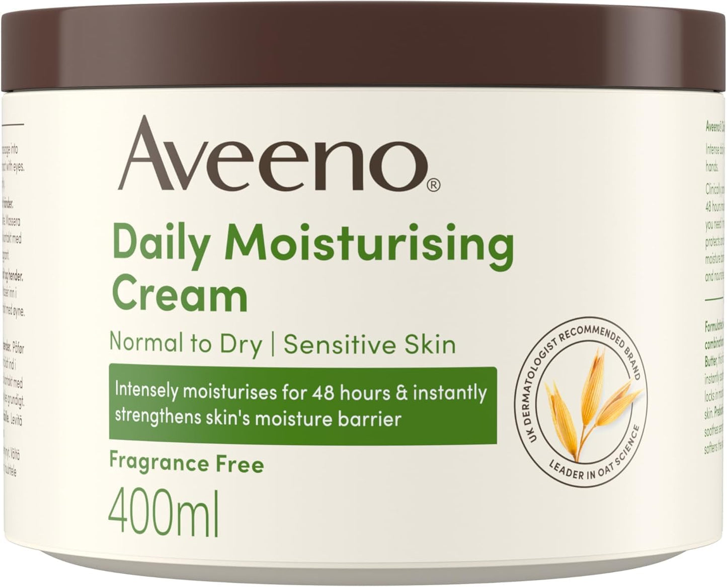 Aveeno Daily Moisturising Cream (1 x 400ml), Fragrance-Free Moisturiser, Long-Lasting 48 Hour Moisturisation, Body Cream with Nourishing Oat and Shea