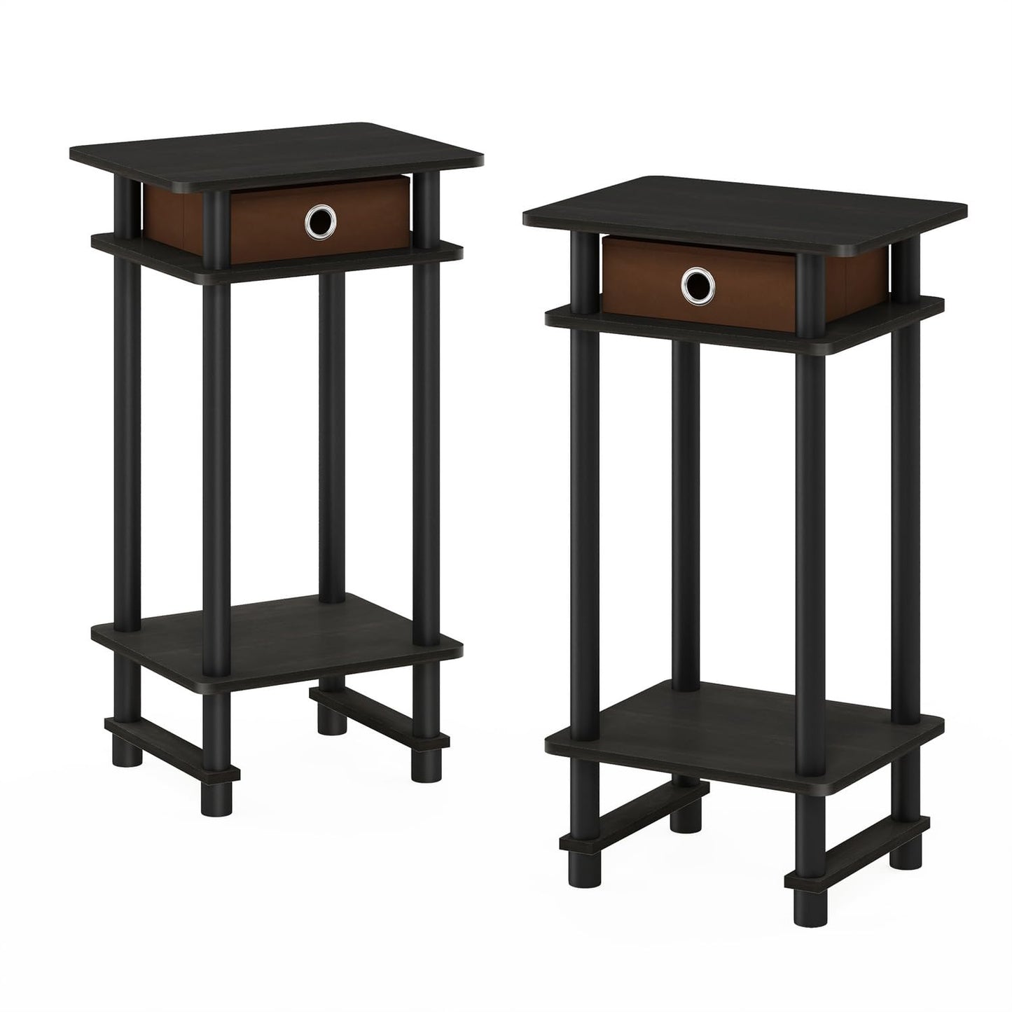 Furinno TURN-N-TUBE Night Stand Set of 2, 3-Tier Open Shelf Design Nightstand with Storage Bin, Tall Bedside Table, End Table, Side Table