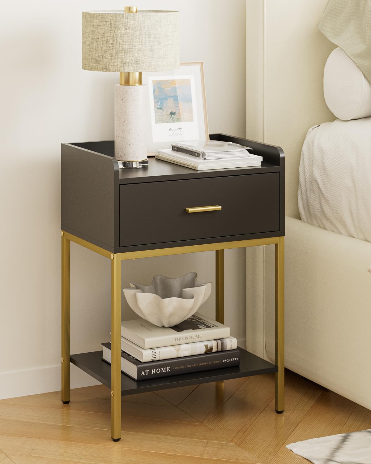 HEYZOEY Bedside Table, 3-tier Modern Bedside Table with Storage Drawer and Shelf, Small Side Table for Bedroom, Living Room, Black