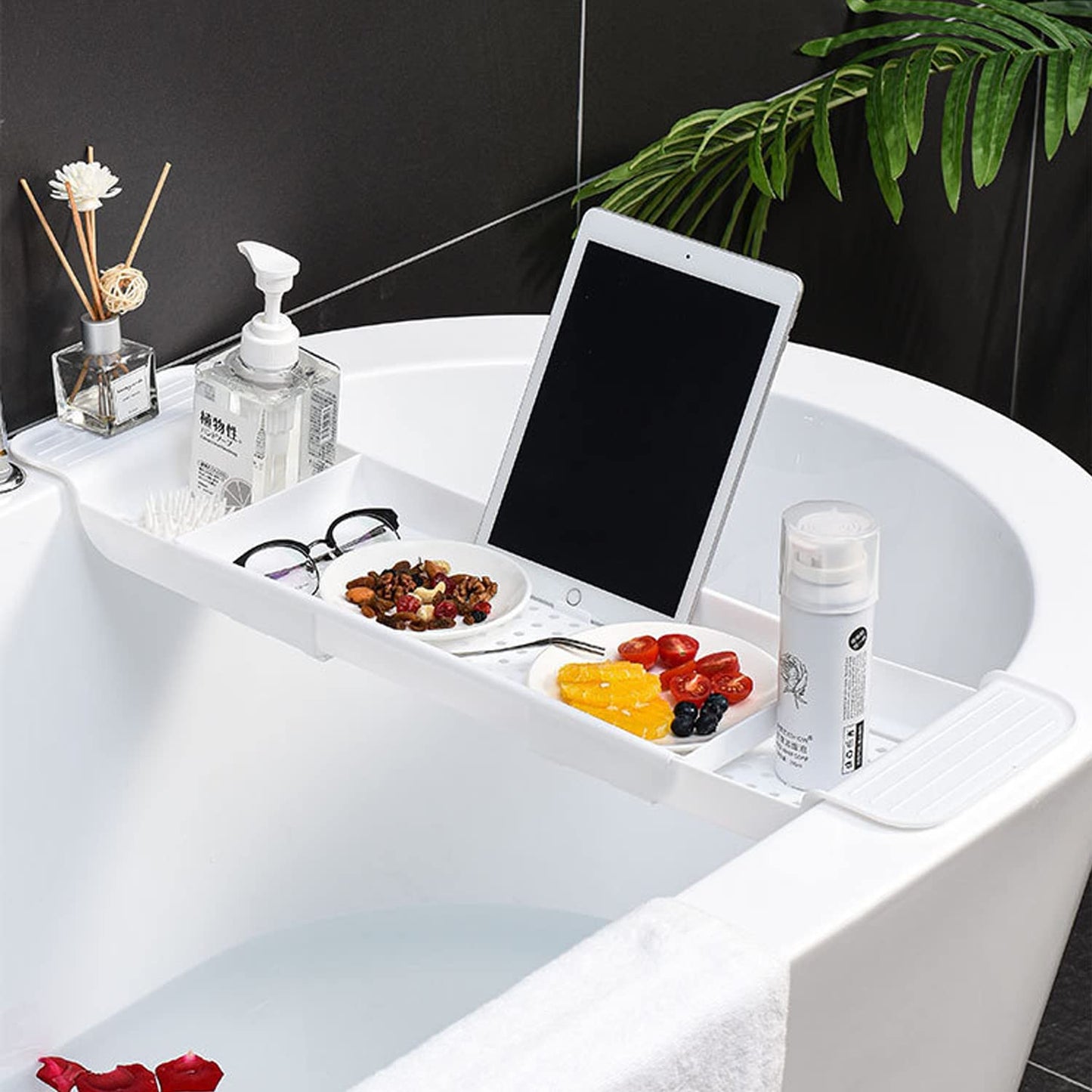 Expandable Drain Bath Shelf Caddy Tray, Multifunctional Plastic Bathtub Tray Bathroom Organizer Simple Stylish Bathtub Storage Rack for Candle Towel,