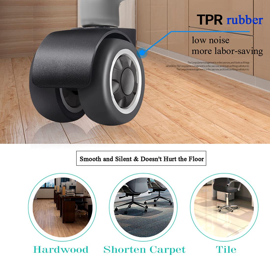 Office Chair Wheels,Rubber Tire Widened Design Protecting Floors Set of 5