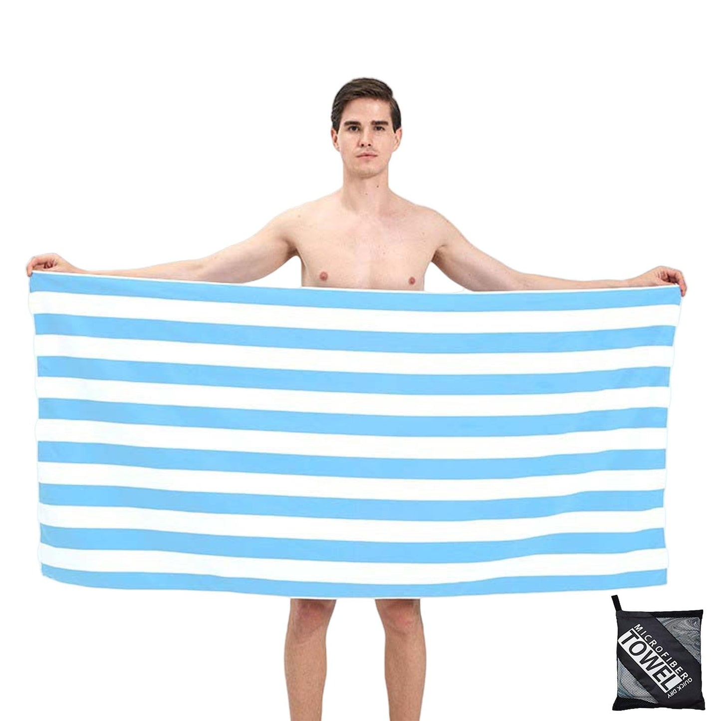 Large Thin Microfibre Beach Towel with Bag for Adult Men Women,160x90cm Light Blue Stripe Beach Towels Quick Dry Sand Free Lightweight Swim Bath