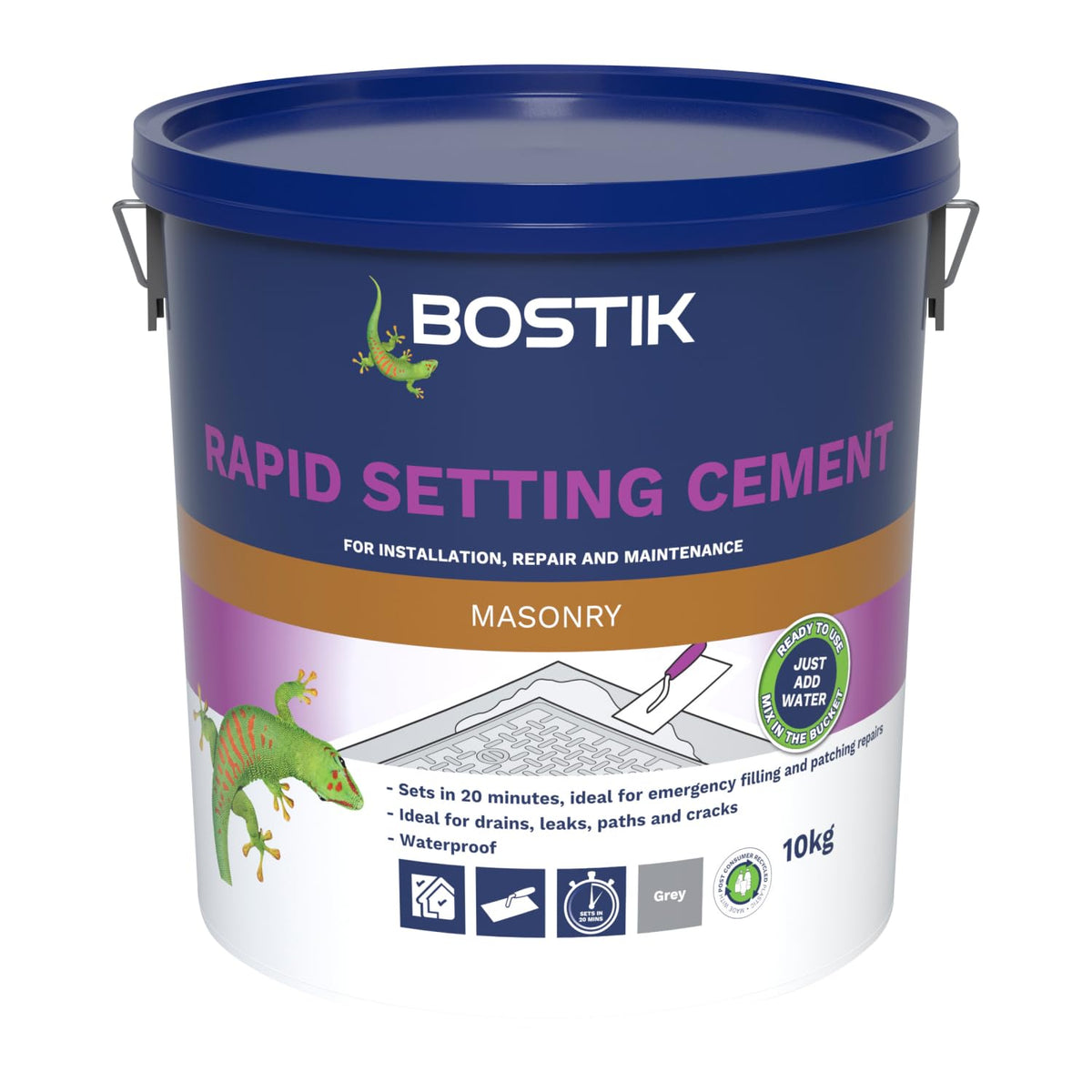 Bostik Rapid Setting Cement 10kg - Fast-Setting 20 Minute Waterproof Repair Mortar - Ready Mixed, Just Add Water - Strong & Durable - For Drain