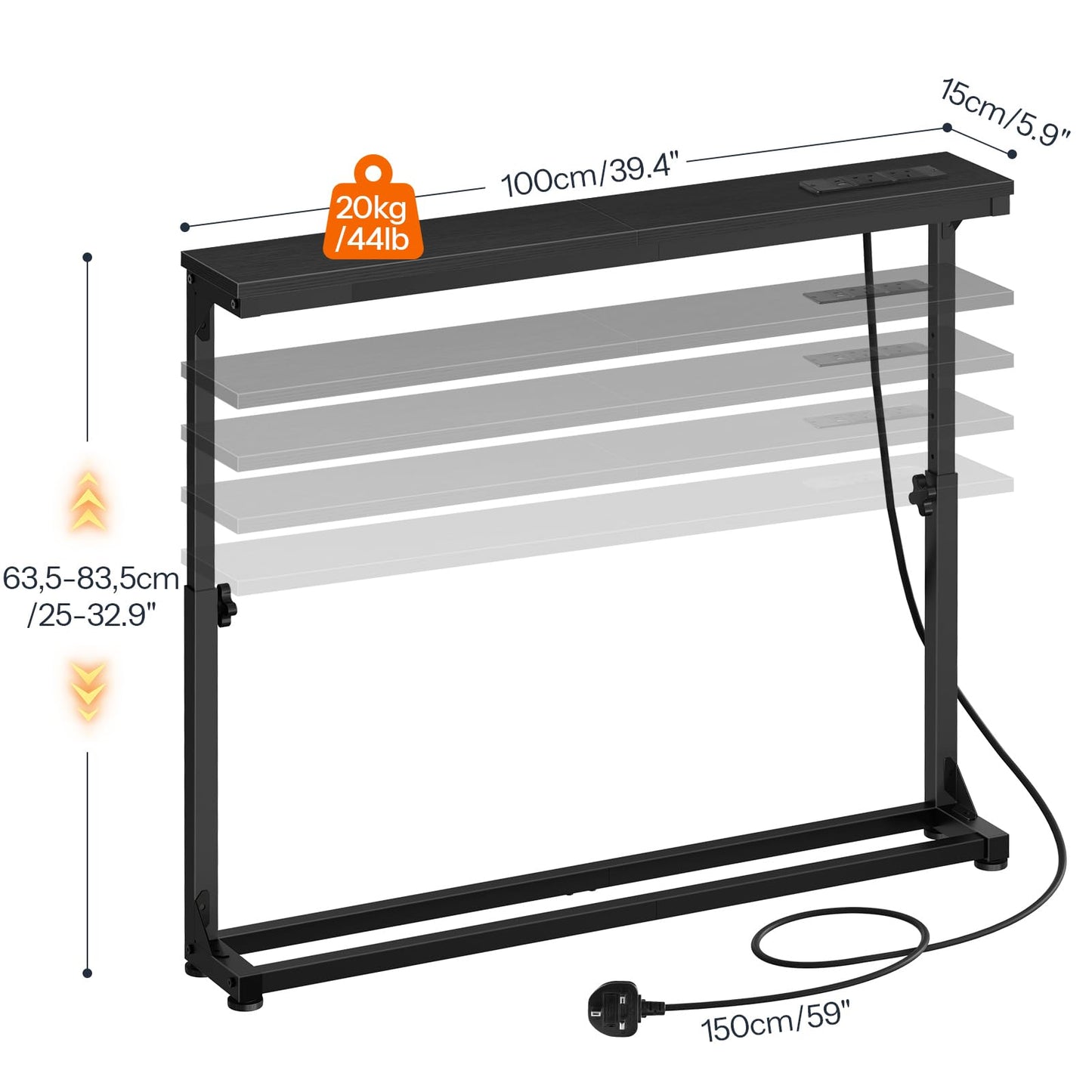 HOOBRO Slim Console Table with Adjustable Height (63.5-83.5 cm), Behind Sofe Table with Charging Station, 100 cm Narrow Console Table for Hallway