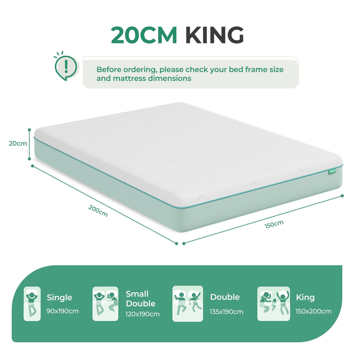 Uliyati King Size Mattresses Gel Memory Foam Mattress Medium 150x200x20CM