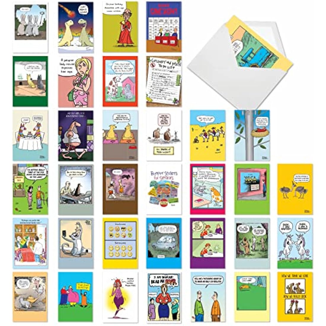 NobleWorks - 36 Assorted Funny Birthday Cards Bulk Box Set with Envelopes (36 Designs, 1 Each) Mixed Humor Greeting Card Variety Pack for Men and Women - Cartoon Party AC9374BDG-B1x36