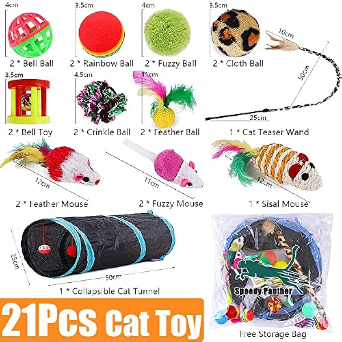 Speedy Panther 21 Pcs Cat Toys for Indoor Cats Collapsible Cat Tunnel Interactive Feather Teaser Wand Ball Toy for Kitten Cats