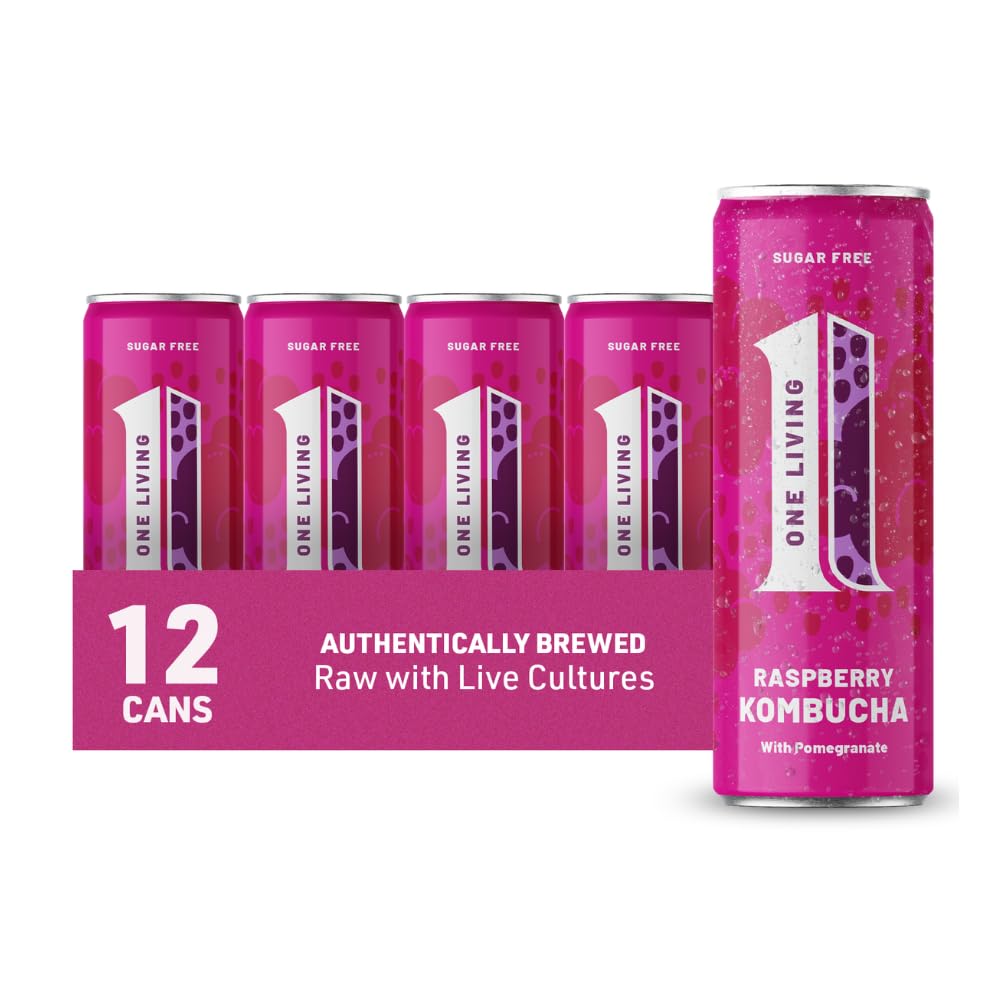 One Living Kombucha Drink ? Raspberry & Pomegranate ? 12 x 250ml Cans ? Sugar Free, Great Tasting Authentically Brewed Kombucha with Live Cultures