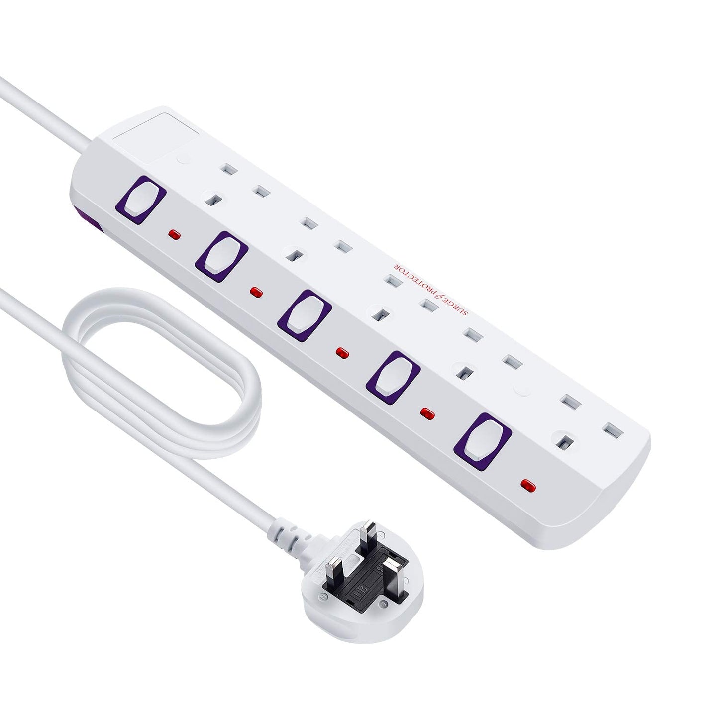 2M 5 Way individual Switch Power Surge Protection Extension Lead, Strip-5Gang-2M (5Way-White)