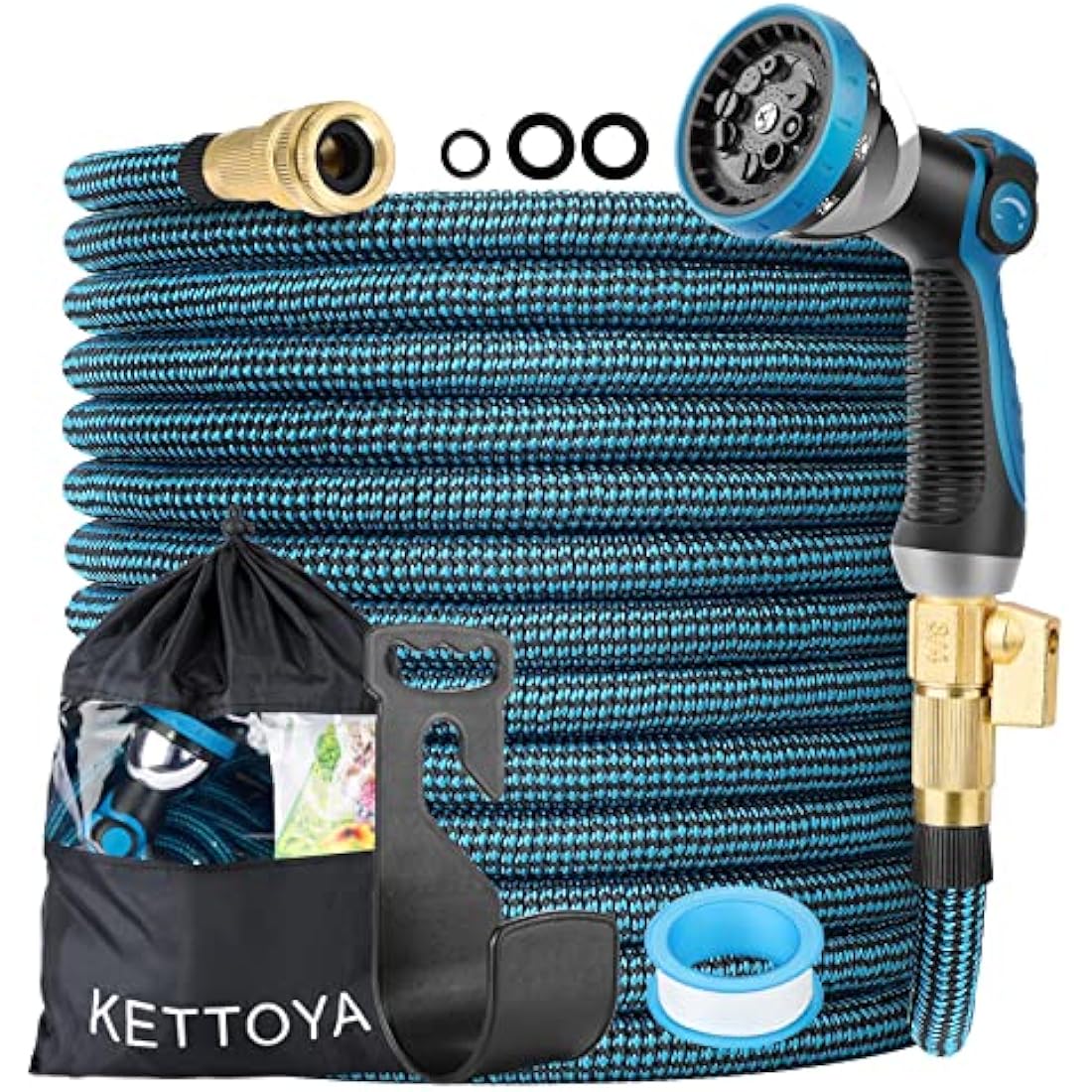 KETTOYA 50FT Expandable Garden Hose, Flexible Water Hose with 10-Pattern Spray Nozzle, Leak-Proof Retractable Heavy Duty Hose Pipe, 4-Layer Latex Core, Durable 3750D, Brass Alloy Connector, Kink-Free