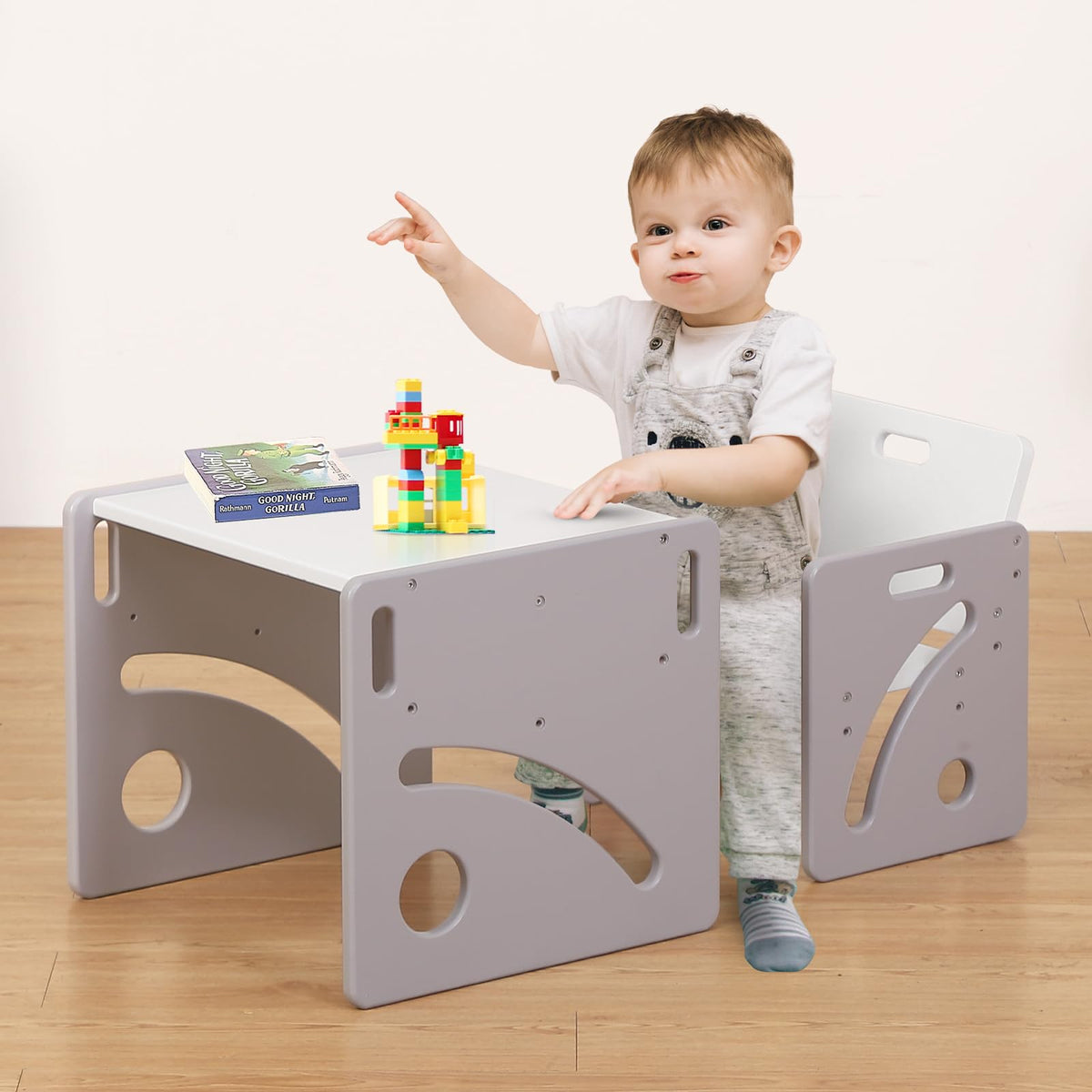 FUNLIO Montessori Weaning Table and Chair Set for Toddlers Age 1-3, Height Adjustable Toddler Table and Chair Set, Cube Kids Table Chair for
