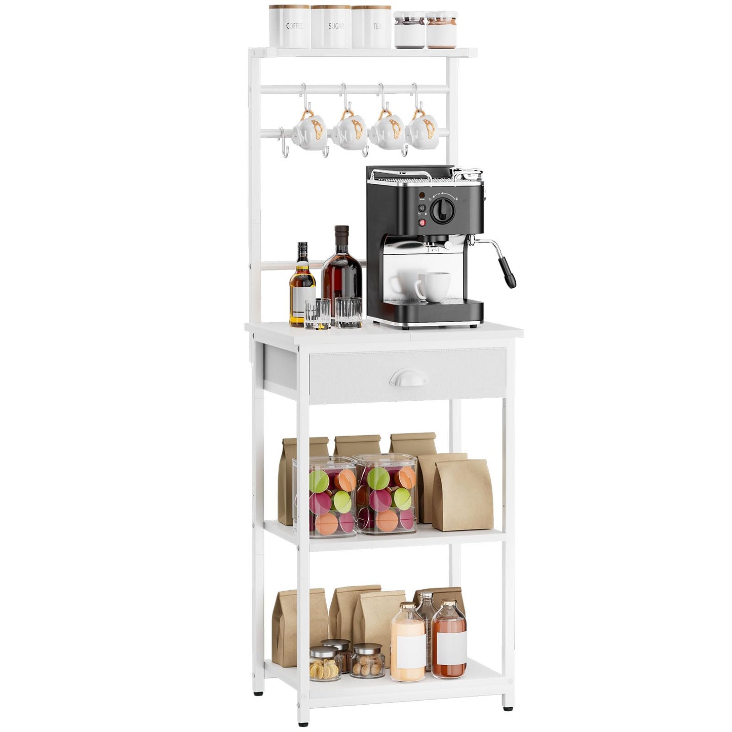 YMYNY 5 Tier Coffee Bar Station, Coffee Stand with Fabric Drawers, 8 S-Shaped Hooks, Corner Bar Cabinet, Height Adjustable, Bakers Rack for Kitchen