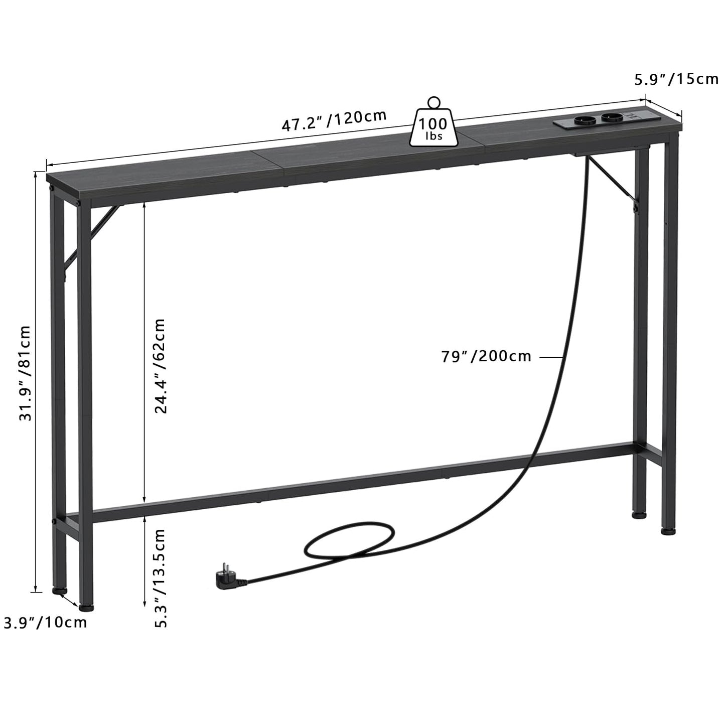 VEDECASA 5.9" Skinny Console Table with Charging Station Narrow Long Behind Couch Table with Power Outlets USB Ports Slim Sofa Table for Entryway