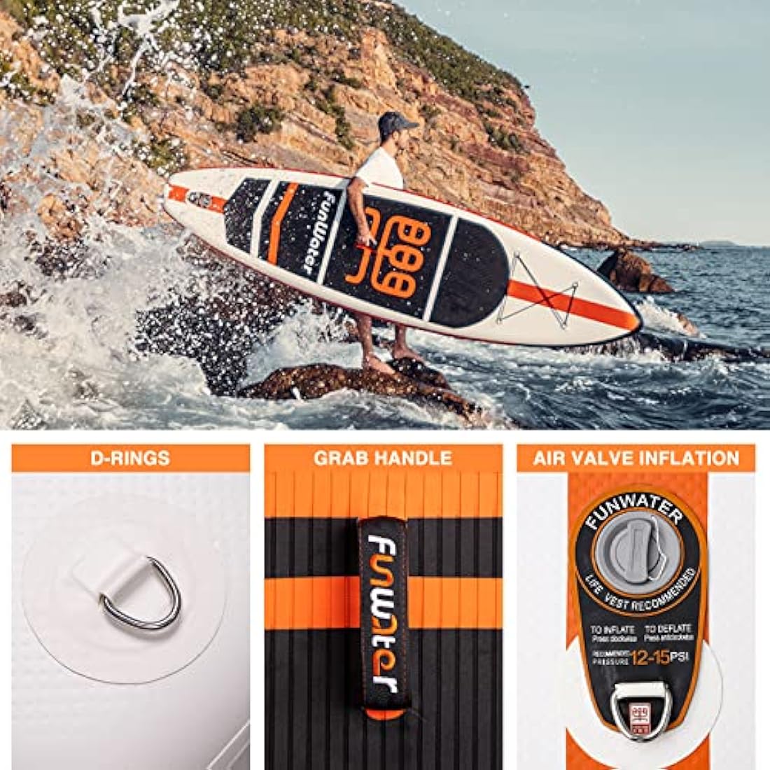 FunWater SUP Inflatable Stand Up Paddle Board Ultra-Light with Inflatable Board,ISUP Accessories,Three Fins,Adjustable Paddle, Pump,Backpack, Leash.