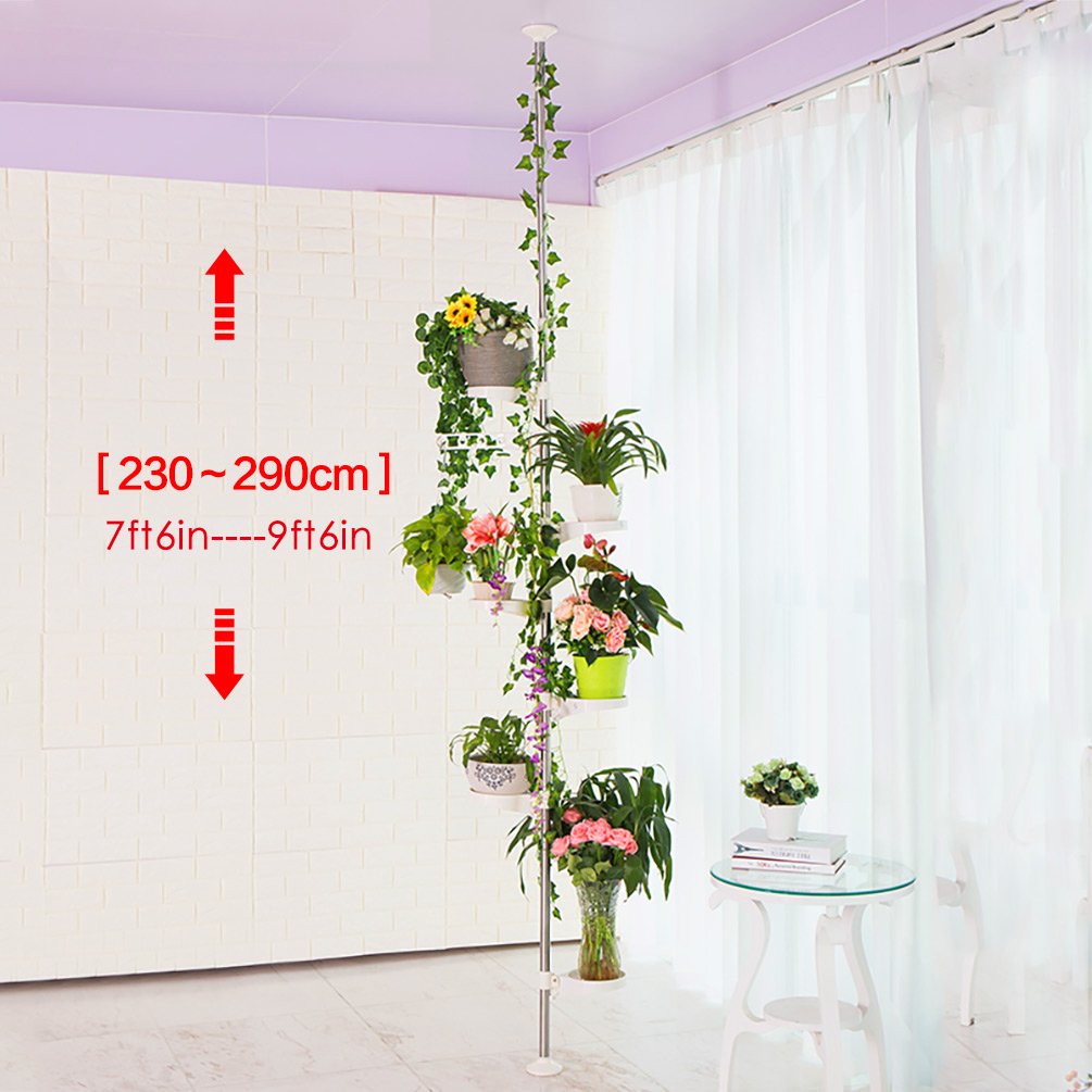 BAOYOUNI Plant Stand Tension Pole Indoor Telescopic Rod Corner Metal Flower Display Rack Tiered Pot Holder Adjustable Hanging Storage Shelf Floor to