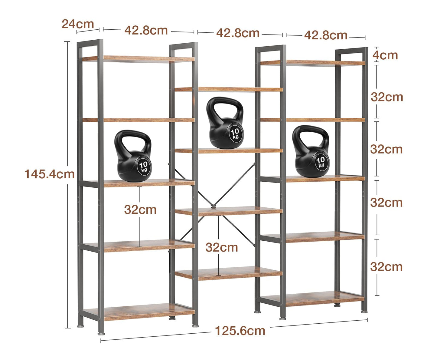 Coleshome 5-Tier Book Shelf, Industrial Bookcase, 146cmx126cm, Rustic Brown