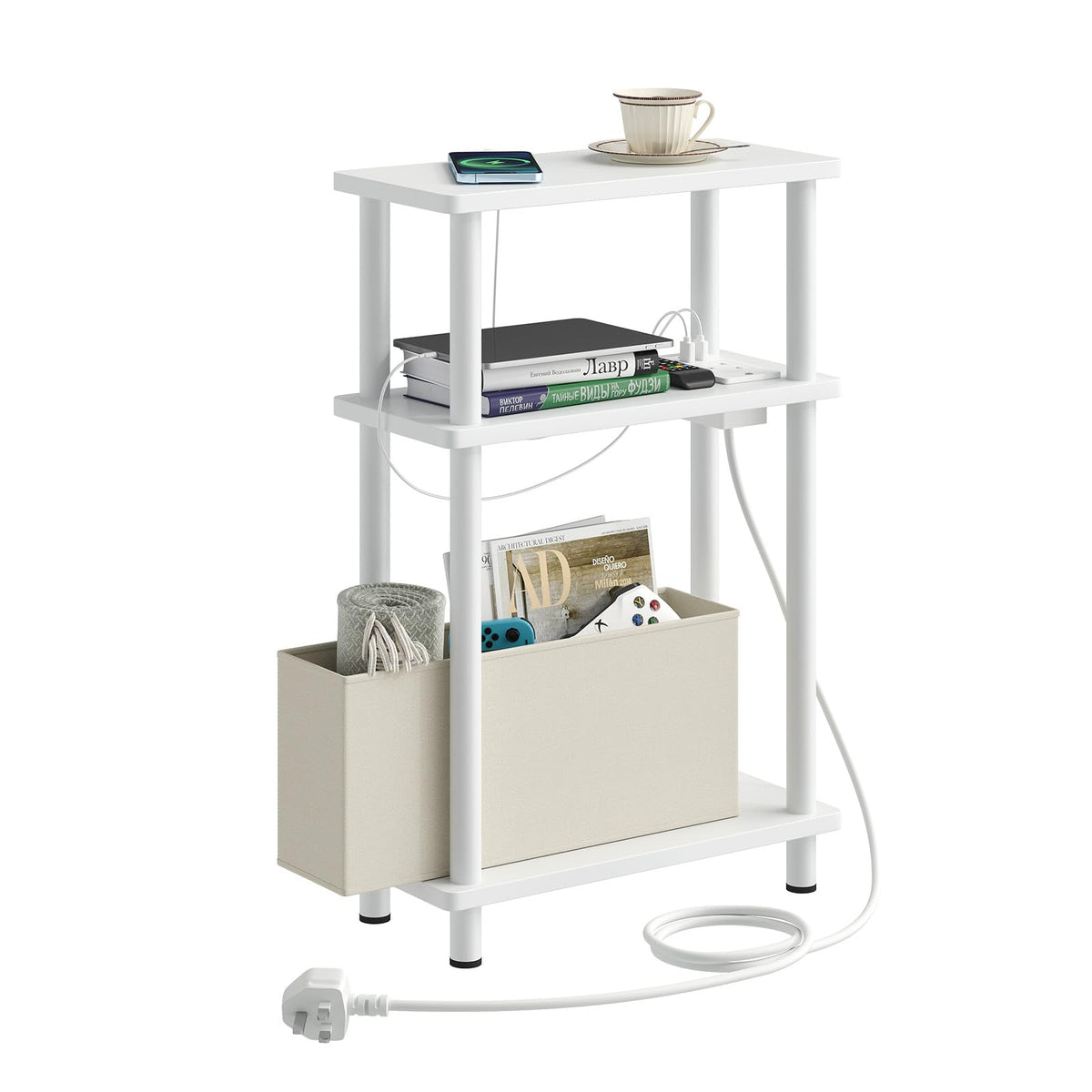 APICIZON Narrow Side Table, 3 Tier Bed Side Table, Slim End Table with Charging Station, for Living Room, Bedroom