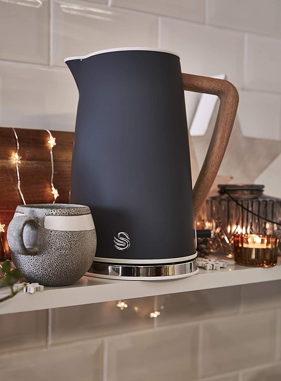 Swan SK14610GRYN Nordic Jug Kettle, Wood Effect, Soft Touch, 1.7L 3KW, Matte Slate Grey