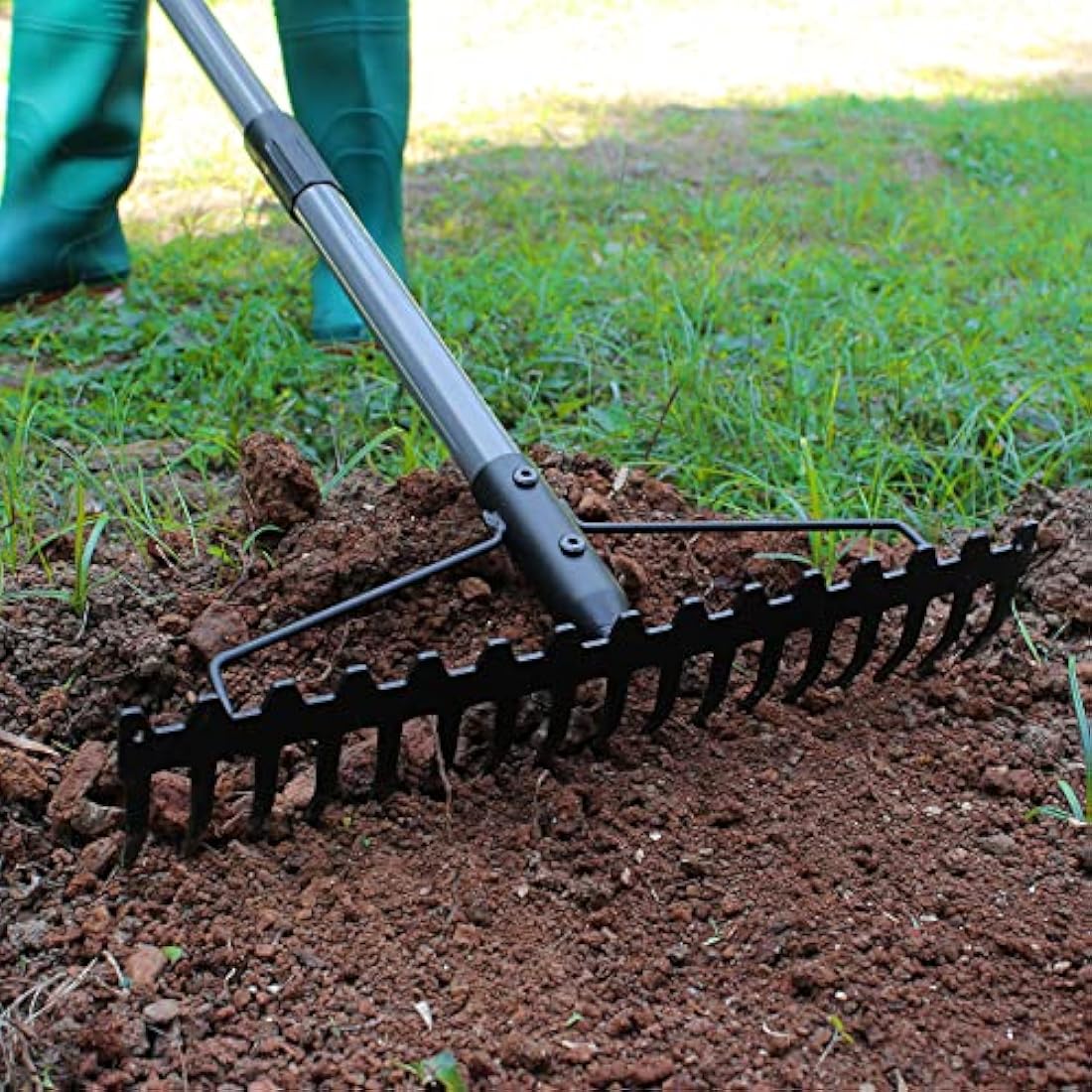 Walensee 165cm/5.4FT Heavy Duty Garden Rake with Stainless Steel Handle, 17 Steel Tines Metal Dual-Head Garden Rake Tool, for Loosening Soil Gathering Leaf Leveling Lawn Farming Land Yard Thatch Rake