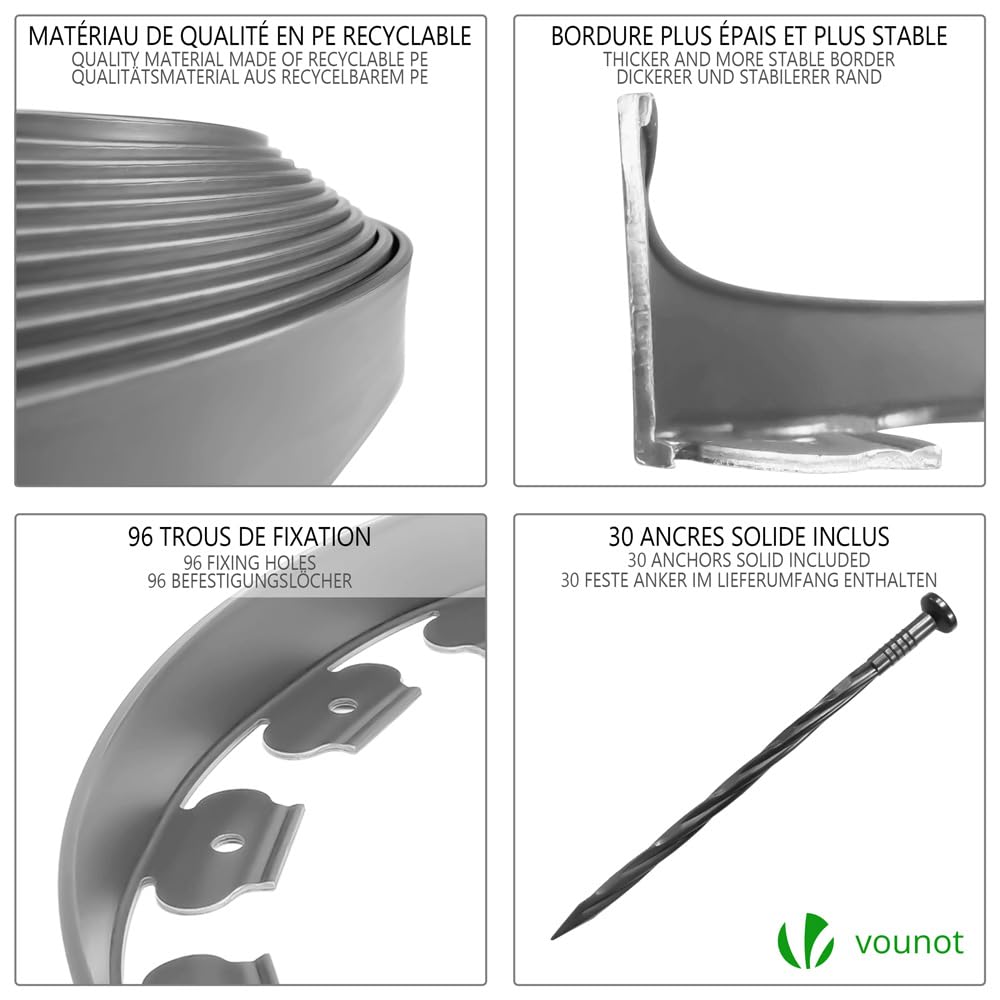 VOUNOT 20m Flexible Lawn Edging, Plastic Garden Edging Border with 60 Strong Securing Pegs, Height 5cm, Grey