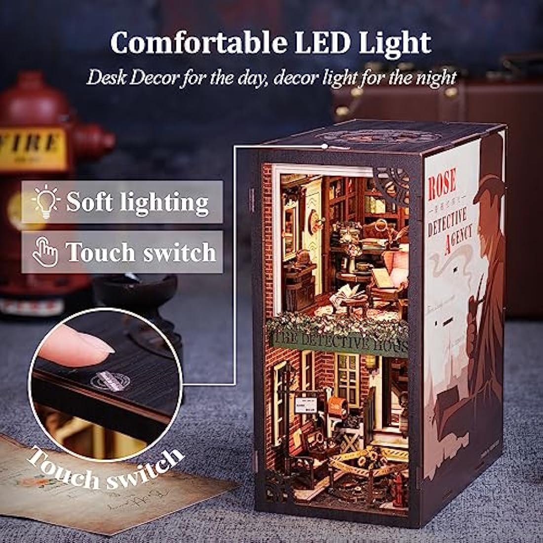 CUTEBEE Book Nook Kits For Adults - DIY Dollhouse Miniature with LED Light,3D Wooden Puzzle Bookend Bookshelf Decor,Gifts for Family and Friends (Rose Detective Agency)