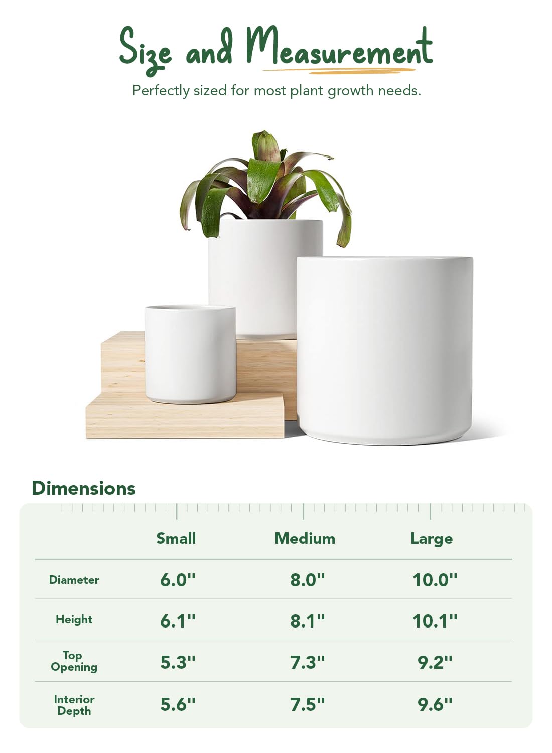 LE TAUCI 15+20+25 cm Plant Pots Set, Ceramic Planters for Indoor Plants, Mid-Century Modern Flower Planter Pots with Drainage Hole and Plug, Cylinder