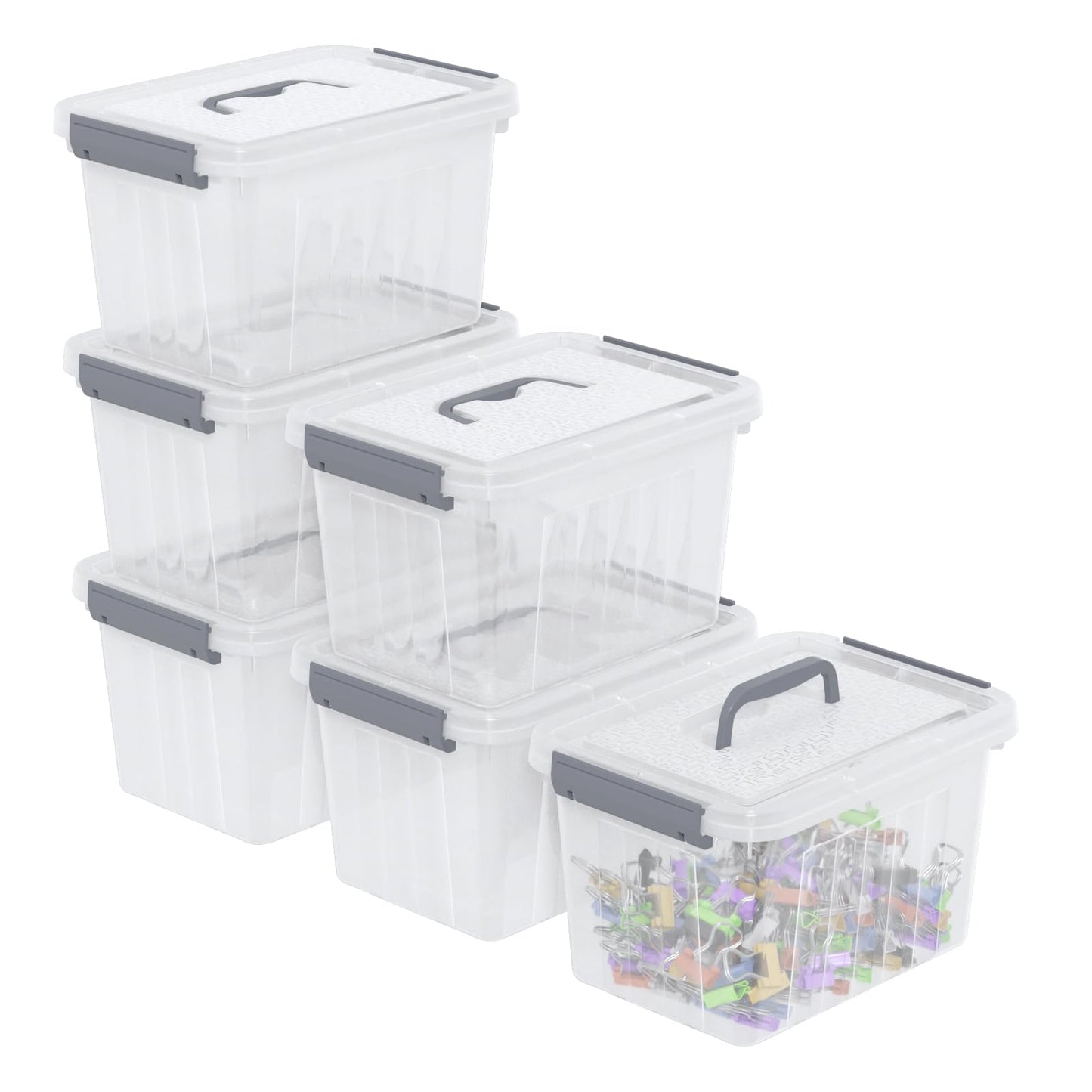 Hespama 6 L Lidded Storage Box with Handle, 6 Pack Plastic Organising Boxes